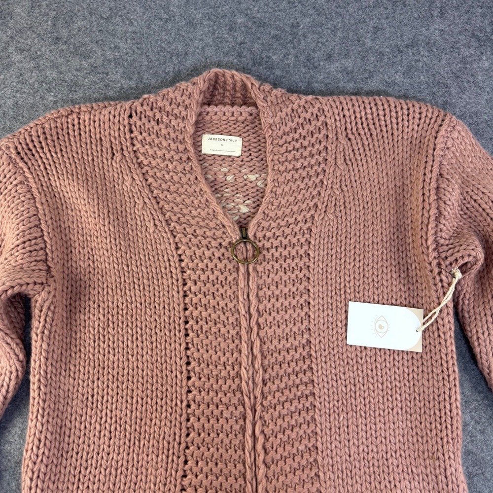 Jackson Rowe Womens Chunky Hand Knit Zip Up Cardigan Sweater Mauve Medium NWT - Picture 3 of 9